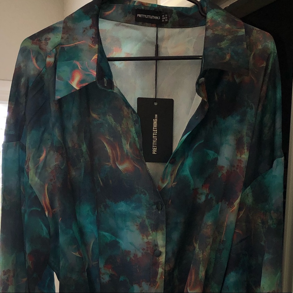 Plus Green Flame Tie Dye Tie Waist Shirt Dress - Picture 3 of 4
